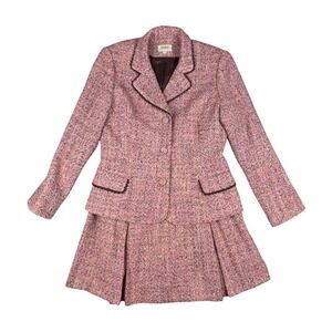 Vtg Neiman Marcus Boucle Tweed Wool Blend Skirt Suit Size 14 Pink Brown USA Made